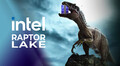 Динозавр с коробкой на фоне облачного неба, рядом логотип Intel и надпись Raptor Lake.
