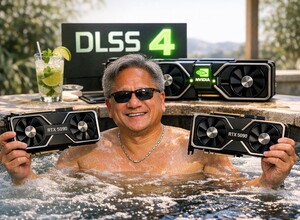 Мужчина в очках сидит в джакузи, держит две видеокарты, на фоне надпись "DLSS 4".