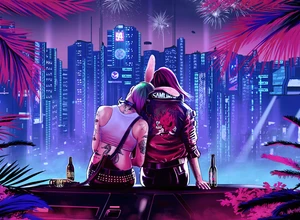 Два персонажа с яркими волосами, обнимающиеся на фоне неонового города Cyberpunk 2077.
