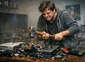 Мужчина в потёртой толстовке с яростью разбивает игровые приставки молотом.