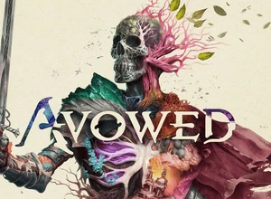 Скелет с мечом на фоне цветных элементов и надписью "AVOWED".
