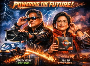 На фоне футуристического города два человека держат компьютерные компоненты.