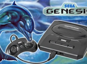 Логотип Sega Genesis с игровой приставкой и джойстиком на фоне морской тематики.