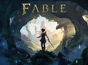 Персонаж в лесу с мечом, окруженный мистическими существами и светом.