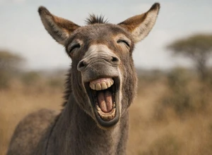 Смеющийся осел на фоне саванны с зелеными кустами.