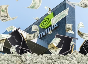 Здание с логотипом Nvidia на фоне летающих долларов и видеокарт.