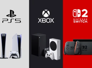 Консоли PlayStation 5, Xbox и Nintendo Switch на нейтральном фоне.
