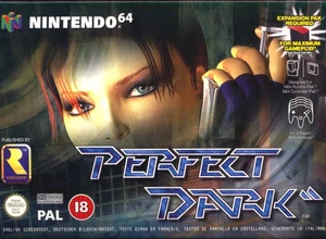 Логотип видеоигры "Perfect Dark", с персонажем и элементами оружия на заднем плане.