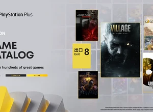 Логотип PlayStation Plus с изображениями игр и текстом о новом игровом каталоге.