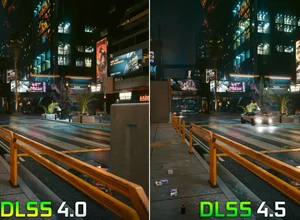 Скриншот: сравнение графики DLSS 4. и DLSS 4.5 в городской ночной сцене.