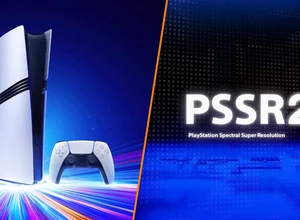 Консоль PlayStation 5 и контроллер на фоне синего света. Логотип PSSR2.