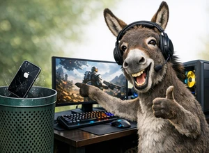 Осел в наушниках показывает большой палец, сидя у компьютерного стола.