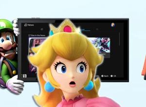 Принцесса Пич в розовом платье с удивленным выражением лица на фоне игрового экрана и персонажей.