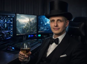 Мужчина в цилиндре и смокинге держит бокал с напитком на фоне компьютеров.