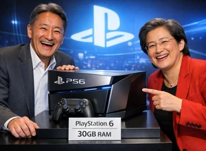 Двое людей улыбаются рядом с консолью PlayStation 6 на фоне яркой сцены.