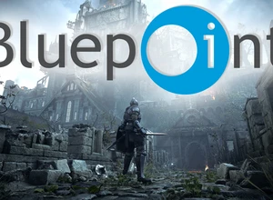 Логотип Bluepoint на фоне темной средневековой сцены с фигурами и разрушенными зданиями.