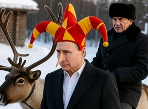 Мужчина в шапке-шуте с длинным носом, рядом с ним другой мужчина на олене, снег.