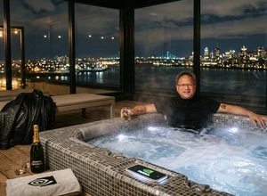 Человек в шортах расслабляется в джакузи с видом на ночной город.