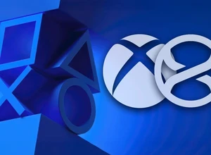 Логотипы PlayStation, Xbox и другого бренда на синем фоне.