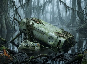 Заброшенная игровая консоль и контроллер, поросшие мхом, в тёмном болоте.