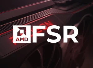 Логотип AMD FSR на фоне графической карты.