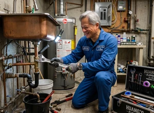 Мужчина в синем комбинезоне ремонтирует раковину с инструментами вокруг.