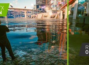 На картинке сравниваются два режима графики: слева эффектный пейзаж с отражениями, справа — упрощённый.