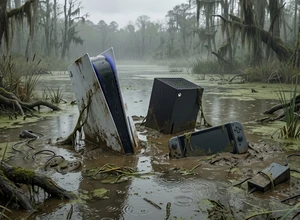 Затопленные консоли и устройства в грязном болоте среди мохнатых деревьев.