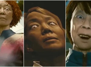 Три женщины с преувеличенными выражениями лиц, каждая в уникальном наряде.