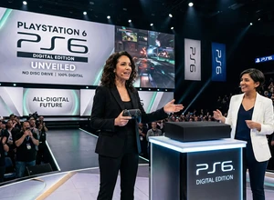 Женщины на сцене презентации PlayStation, зрители applaud.