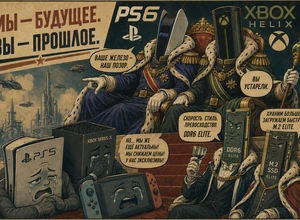 Планета с персонажами, символизирующими PS6 и Xbox, обсуждающими технологии.