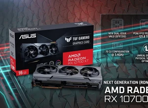 Логотип AMD Radeon на фоне светящихся линий и упаковка видеокарты RX 10700 XT.