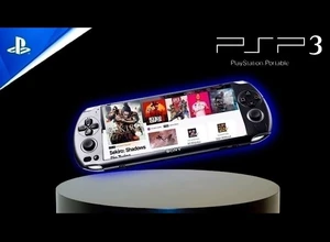 Консоль PSP 3 на фоне черного экрана, динамично размещенная на пьедестале.