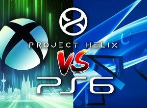 Логотип Xbox слева, логотип PlayStation справа, между ними текст "vs" на фоне светящихся линий.
