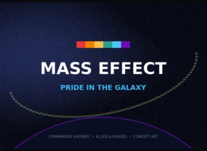Логотип Mass Effect с яркими полосами на фоне звездного неба.