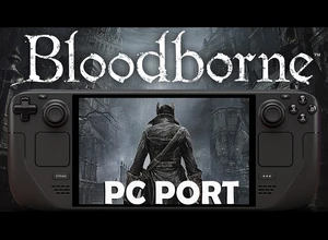 Логотип игры Bloodborne с изображением персонажа на фоне мрачного города.