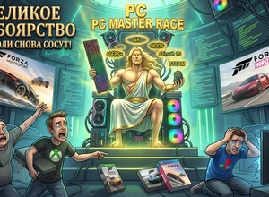 Два человека, играющих на консолях, в окружении игровых плакатов и статуи.