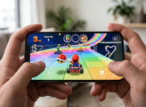 На смартфоне играют в гонки на яркой трассе, управляя персонажем в картинге.