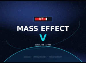 Логотип игры "Mass Effect V" на фоне звездного неба.