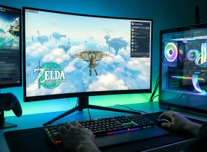 Игровой компьютер с двумя экранами, на одном показана игра The Legend of Zelda.