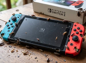 На столе находится консоль Nintendo Switch 2, окруженная насекомыми.