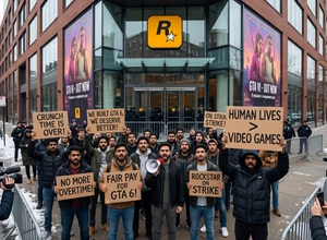 Группа людей с плакатами протестует у здания компании Rockstar Games.