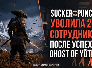 На фоне горного пейзажа самурай в доспехах стоит с мечом, листья опадают вокруг.