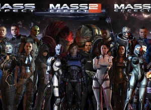 Группа персонажей из игры Mass Effect, каждый в уникальном наряде и с оружием.