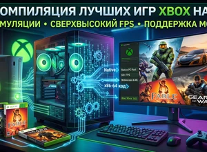 Компьютер с игровыми компонентами и экраном, на котором отображены игры Xbox.
