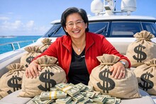 Лиза Су из АМД улыбается на яхте, окружённая мешками с деньгами.