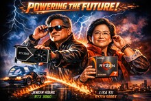 На фоне футуристического города два человека держат компьютерные компоненты.