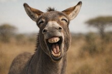 Смеющийся осел на фоне саванны с зелеными кустами.