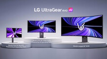 Логотип LG UltraGear с тремя мониторами на подставках, отображающими абстрактные узоры.