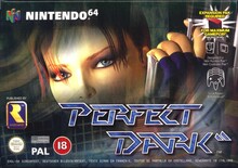 Логотип видеоигры "Perfect Dark", с персонажем и элементами оружия на заднем плане.